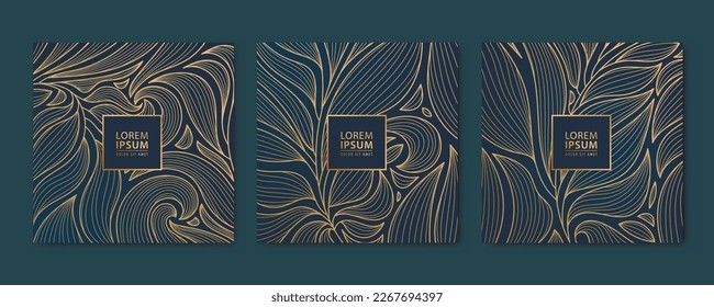 Vector set of abstract luxury golden square cards, post templates for social net, leaves botanical modern, art deco wallpaper background. Pattern, texture for print, fabric, packaging design.