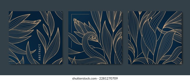 Conjunto vectorial de tarjetas cuadradas de oro de lujo abstractas, postales para red social, deja fondo botánico moderno, art deco. Patrón, textura para impresión, invitación, diseño de paquete.