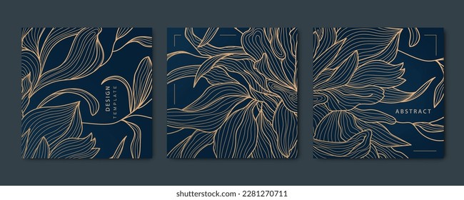 Vector set of abstract luxury golden square cards, post templates for social net, leaves botanical modern, art deco background. Pattern, texture for print, invitation, package design.