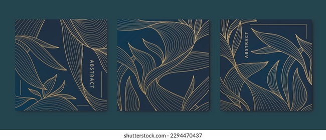 Vector set of abstract luxury golden square cards, post templates for social net, leaves botanical modern, art deco wallpaper background. Pattern, texture for print, fabric, packaging design.