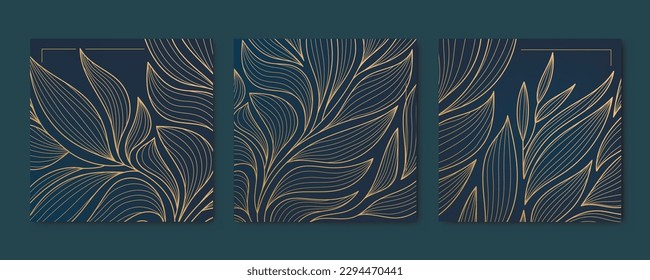 Vector set of abstract luxury golden square cards, post templates for social net, leaves botanical modern, art deco wallpaper background. Pattern, texture for print, fabric, packaging design.