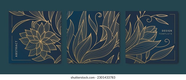 Vector set of abstract luxury golden square cards, post templates for social net, leaves botanical modern, art deco wallpaper background. Pattern, texture for print, fabric, packaging design.