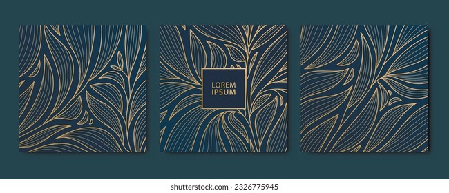 Conjunto de vectores de tarjetas cuadradas de oro de lujo abstractas, plantillas de post de olas para redes sociales, deja fondo botánico moderno, fondo de fondo de fondo de fondo de fondo de fondo Art Deco. Patrones florales en línea al estilo japonés