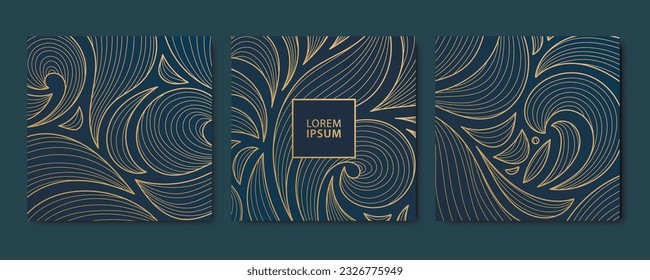 Vector set of abstract luxury golden square cards, wave post templates for social net, leaves botanical modern, art deco wallpaper background. Line floral patterns in japanese style