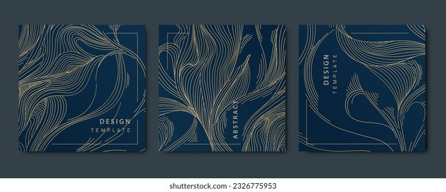 Vector set of abstract luxury golden square cards, wave post templates for social net, leaves botanical modern, art deco wallpaper background. Line floral patterns in japanese style