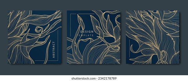 Conjunto de vectores de tarjetas cuadradas de oro de lujo abstractas, plantillas de post de olas para redes sociales, deja fondo botánico moderno, fondo de fondo de fondo de fondo de fondo de fondo Art Deco. Patrones florales en línea al estilo japonés