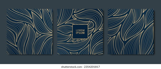 Vector set of abstract luxury golden square cards, wave post templates for social net, leaves botanical modern, art deco wallpaper background. Line floral patterns in japanese style