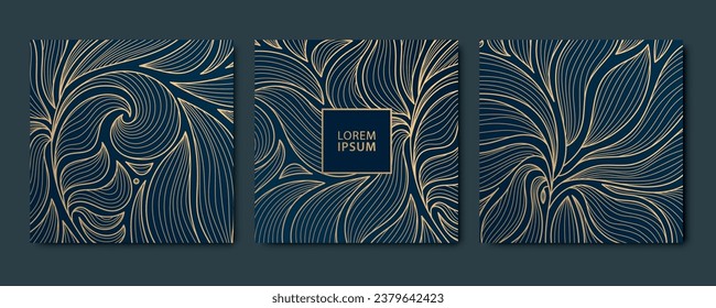Conjunto de vectores de tarjetas cuadradas de oro de lujo abstractas, postales para invitación a boda, art deco deja fondo de fondo de fondo de fondo de fondo de fondo botánico. Patrón, textura para impresión, tela, diseño de embalaje.