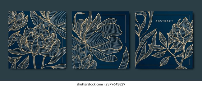 Vector set of abstract luxury golden square cards, post templates for social net, peonies and leaves botanical modern, art deco wallpaper background. Pattern, texture for print, fabric, packaging