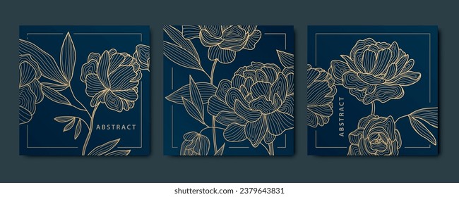 Vector set of abstract luxury golden square cards, post templates for social net, peonies and leaves botanical modern, art deco wallpaper background. Pattern, texture for print, fabric, packaging