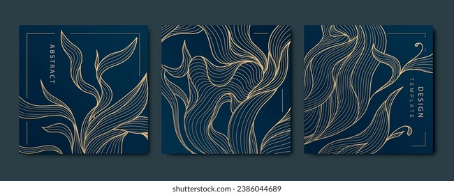 Vector set of abstract luxury golden square cards, post templates for wedding invitation, art deco leaves botanical wallpaper background. Pattern, texture for print, fabric, packaging design.