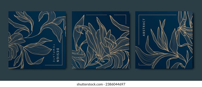 Vector set of abstract luxury golden square cards, post templates for wedding invitation, art deco leaves botanical wallpaper background. Pattern, texture for print, fabric, packaging design.