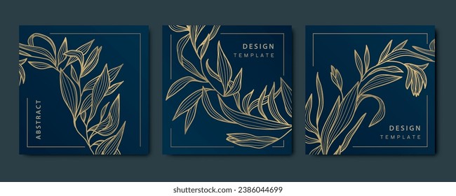 Vector set of abstract luxury golden square cards, post templates for wedding invitation, art deco leaves botanical wallpaper background. Pattern, texture for print, fabric, packaging design.