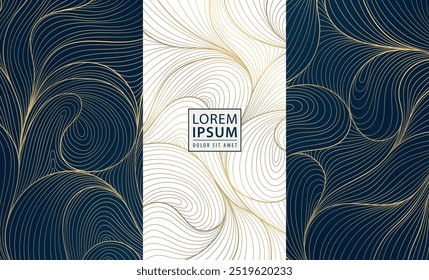 Conjunto vetorial de fundo de pacote de luxo abstrato, padrão de onda de linha para vinho, chocolate, joias, pacote de perfume. Elegante arte gráfica, estilo elegante