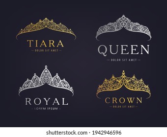 Vector set of abstract luxury, royal golden, silver company logo icon vector design. Isolated on dark background, vintage style	