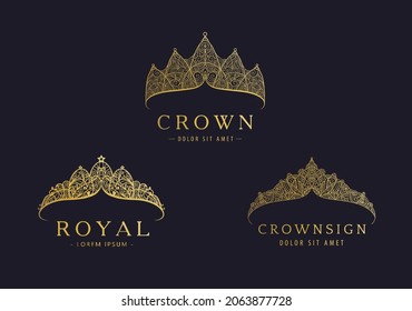 Vector set of abstract luxury, royal golden company logo icon design. Elegant crown, tiara, diadem premium symbol. Hand drawn lace jewelry, arabic, restaurant, hotel logotype.