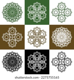 Vector set of abstract mandala design illustrations, ornaments in ethnic style. Islamic border background