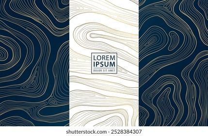 Conjunto vetorial de topografia de mapa abstrato, textura de madeira, padrões de forma orgânica. Ouro em azul e branco, modelo de mar curva