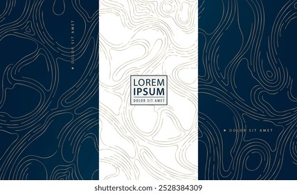 Conjunto vetorial de topografia de mapa abstrato, textura de madeira, padrões de forma orgânica. Ouro em azul e branco, modelo de mar curva