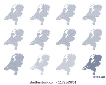 Vector set of abstract maps of Netherlands in different styles.