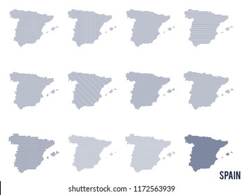 Vector set of abstract maps of Spain in different styles.