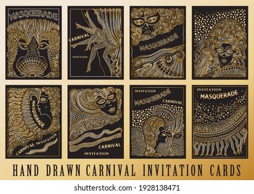 Vector set of abstract Masquerade, Mardi Gras holiday cards. Carnival Party invitation. Gold hand drawn doodle sketch on a black background. Hand drawn ornaments, feathers, checkered texture