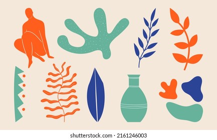 Vector set of abstract matisse style shapes. Hand drawn silhouettes of branches, blobs, flowers,woman body, leaves. Contemporary doodle art 