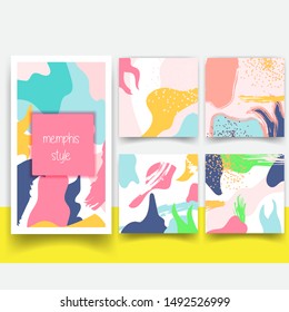 Vector set of abstract memphis style retro background with multicolored pastel simple  shapes and copy space frame template design with editable text. for banner.