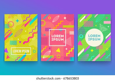 Vector set of abstract memphis style retro background with multicolored simple geometric shapes and copy space frame