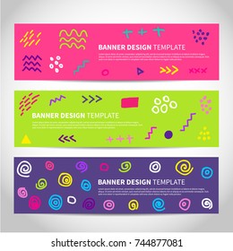 Vector set of abstract memphis style retro banners with simple geometric shapes. Pink, green, purple bright colors. Design for your banners, flyers, brochures, posters, printing etc. Vector template 