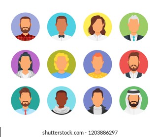 Vector set of abstract men round avatar. Male portraits.