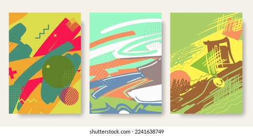 Vector set of abstract messy colorful backgrounds. Creative booklet  collection with doodles and brush strokes and chaotic geometric shapes. Cover template for social media stories, branding.