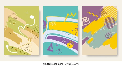 Vector set of abstract messy colorful backgrounds. Creative booklet  collection with doodles and brush strokes and chaotic geometric shapes. Cover template for social media stories, branding.