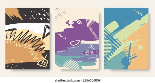 Vector set of abstract messy colorful backgrounds. Creative booklet  collection with doodles and brush strokes and chaotic geometric shapes. Cover template for social media stories, branding.