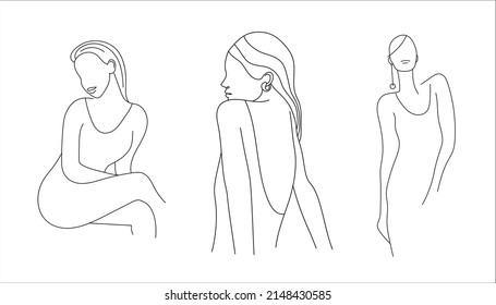 Vector set of abstract minimalistic female figures, line style. female body illustration. Use for social net stories, beauty logos, poster illustration, card, t-shirt print. Linear woman art