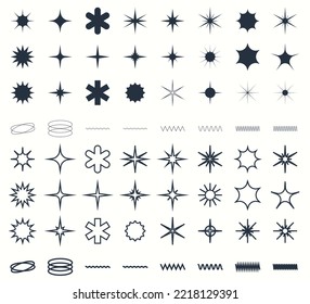 Vektorset abstrakter minimalistischer geometrischer Elemente. Zeitgenössische einfache Zickzackformen, Kurven, Linien, Dreiecke, Symbolkreise, Logos, UI.	