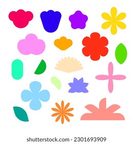 Vector set of abstract minimalistic geometric elements. Modern simple various shapes in the form of a flower, logos isolated on a white background. Brightly colored plants