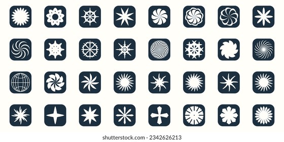 Vector set of abstract minimalistic geometric elements. Contemporary simple different zigzag shapes, curves, lines, triangles, symbol circles, logos, UI.