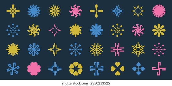 Vector set of abstract minimalistic geometric elements. Contemporary simple different zigzag shapes, curves, lines, triangles, symbol circles, logos, UI.