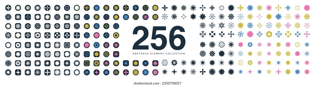 Vector set of abstract minimalistic geometric elements. Contemporary simple different zigzag shapes, curves, lines, triangles, symbol circles, logos, UI.