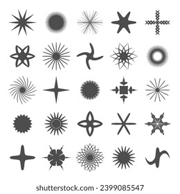 Vector set of abstract minimalistic geometric elements. Contemporary simple various zigzag shapes, curves, lines, circles for logo.  Star Icons. Symbols Shine Elements. Curved lines