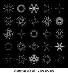 Vector set of abstract minimalistic geometric elements. Contemporary simple various zigzag shapes, curves, lines, circles for logo.  Star Icons. Symbols Shine Elements. Curved lines