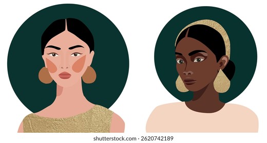 Vector set abstract minimalistic womans portraits of in flat style with gold elements. Boho gold backgrounds. For social media design, wallpaper, poster. Pastel, calm colors