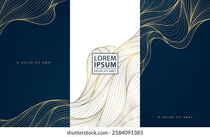 Vector set of abstract modern wave pattern, japanese sea graphic, luxury gold background, package labels. Liquid ornament, flow posters, elegant templates