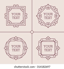 Vector set of abstract mono line frames on light background. Can be used for greeting cards design, logo templates, monograms, emblems and badges in retro or hipster style. 