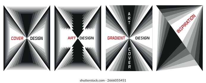 Vector set of abstract monochrome poster backgrounds. Contemporary cover templates featuring black and white geometric prisms, perspective lines, and halftone dots. Perfect banners social media. CMYK