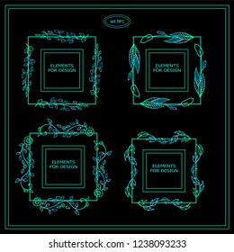 Vector set of abstract neon blue and green elements for design. Set of little square frames, rectangles, section, module, template for logo, boxes, advertising and business signs. Set 1 from 6