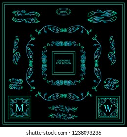Vector set of abstract neon blue and green elements for design. Set of little square frames, rectangles, section, module, template for logo, boxes, advertising and business signs. Set 2 from 6