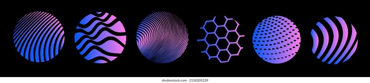 Vector set of abstract neon color illustration of different line and hexagon pattern in round frame, decorative background for banner, poster, print