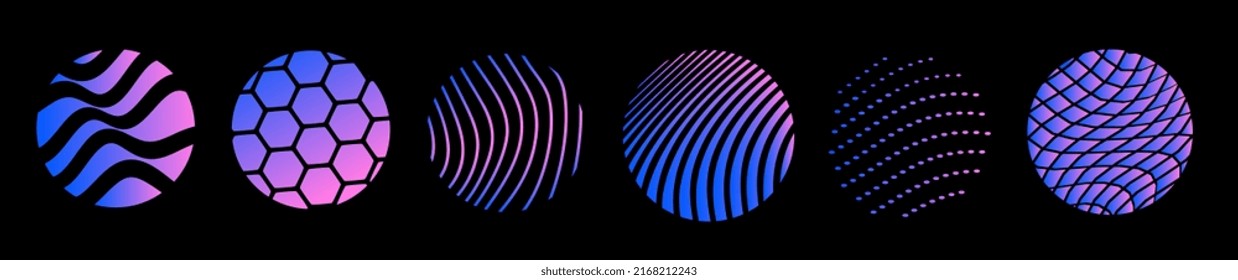 Vector set of abstract neon color illustration of different line, dot and hexagon pattern in round frame, decorative background for banner, poster, print